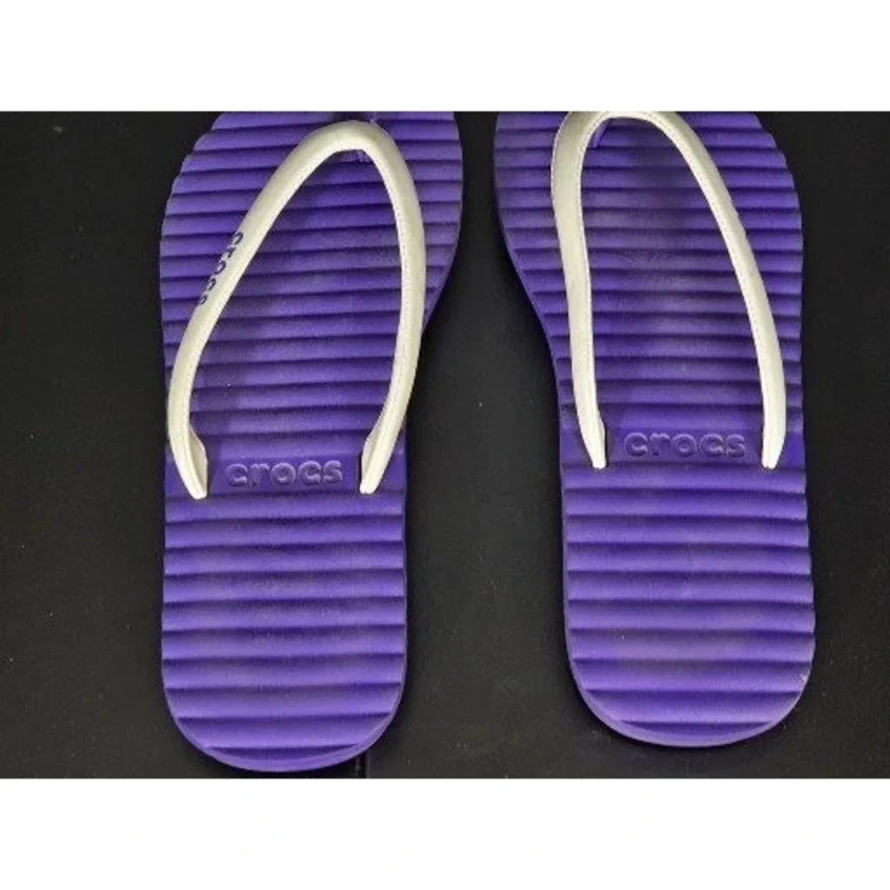 Crocs Purple‎ White Flip Flops Womens Sz 10 Comfort Casual Beach Thong Sandals